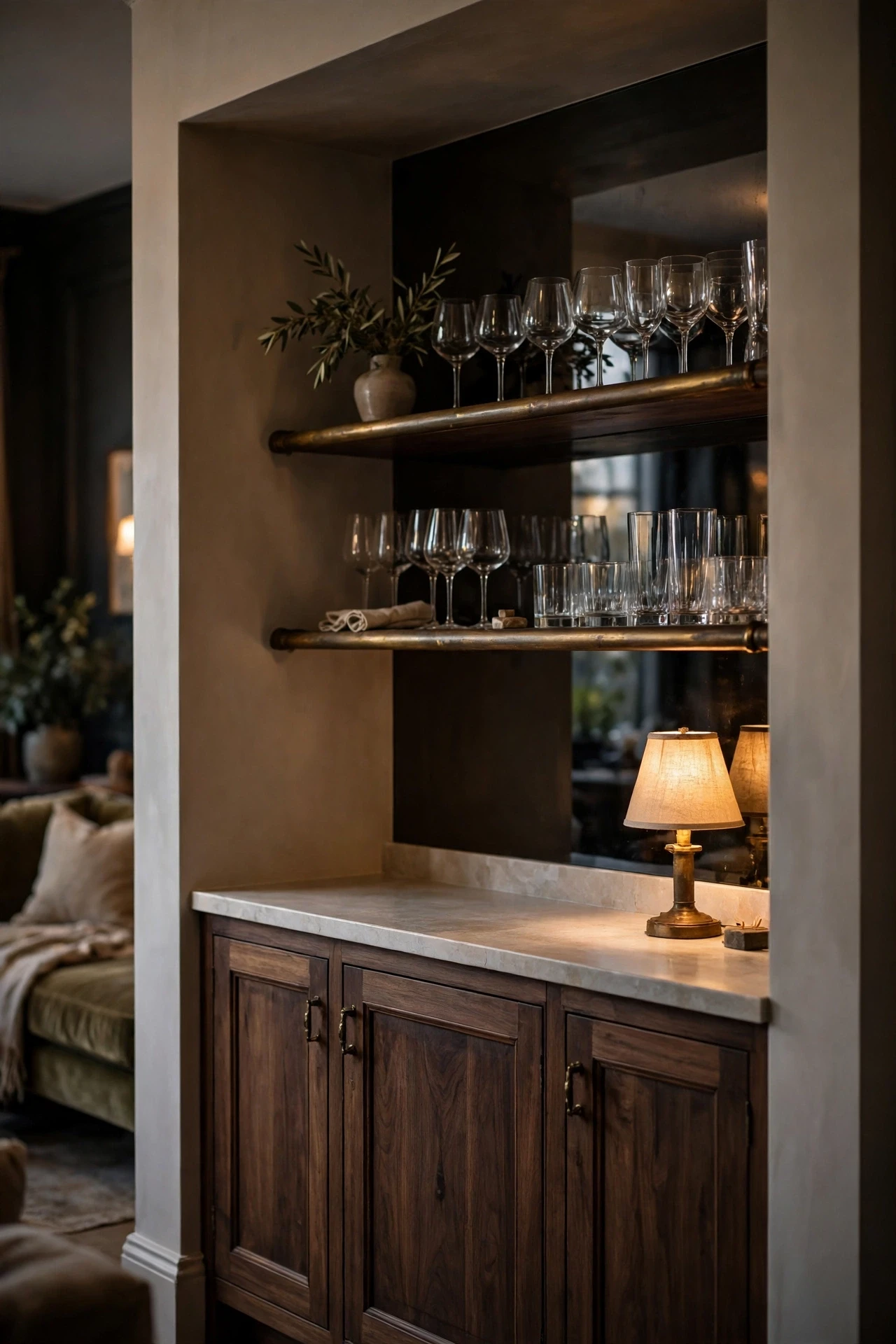 A Built In Bar Wall Set Into a Deep Alcove, dark walnut cabinets with a pale stone counter, mirror backed shelves and a brass rail