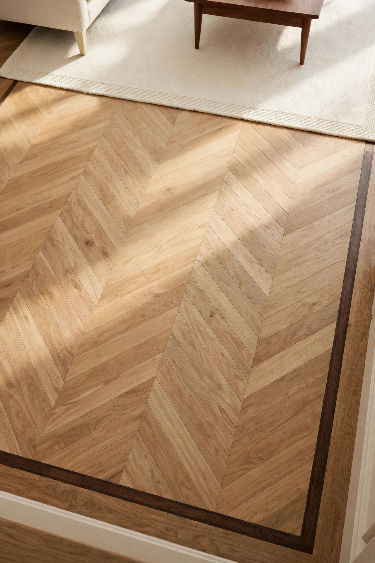 Wide Chevron Oak Flooring With a Dark Border, wide oak chevron boards with a dark stained border seen from above