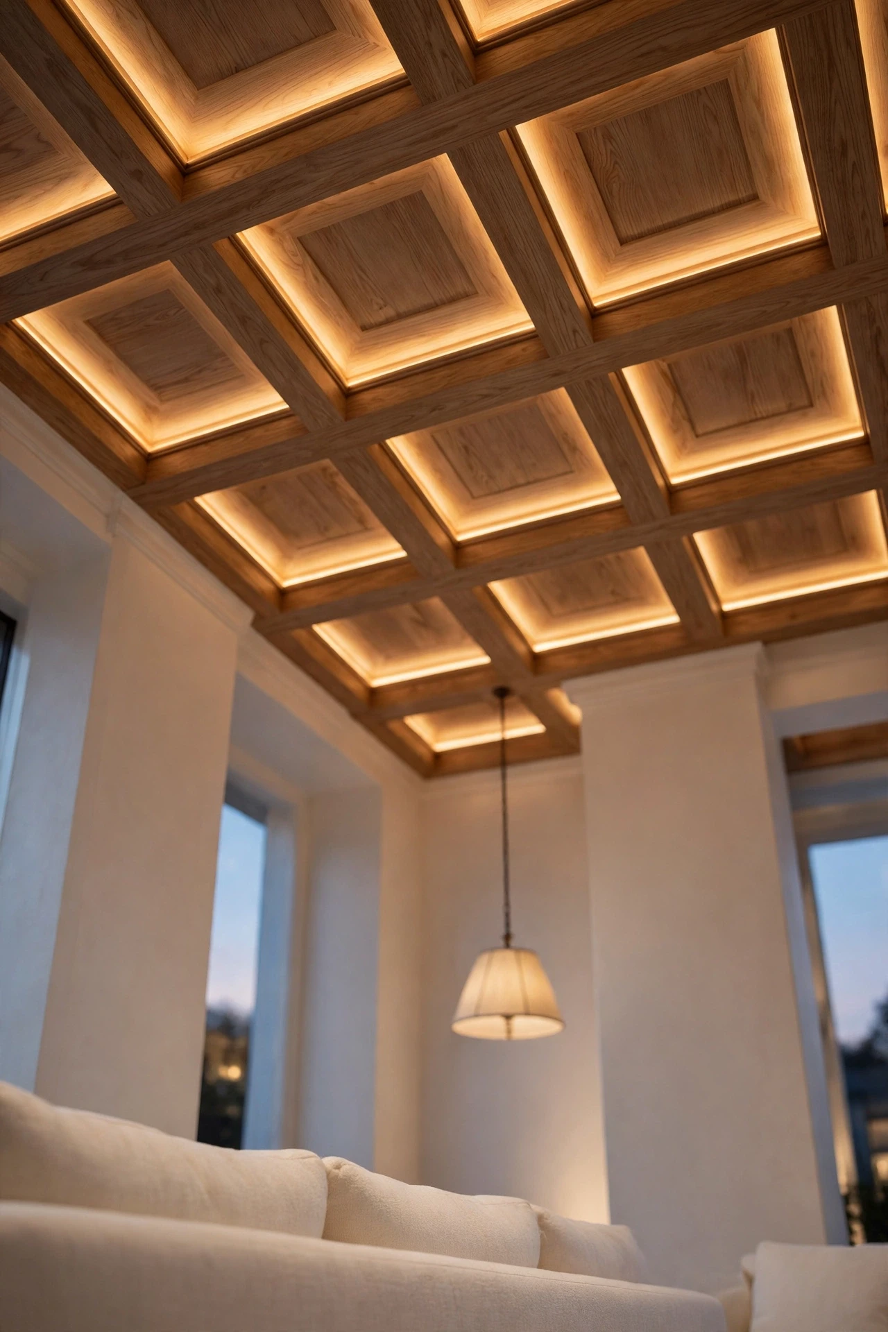 A Coffered Oak Ceiling With Light Hidden in the Coffers, a shallow oak coffered ceiling with warm light along the beam edges