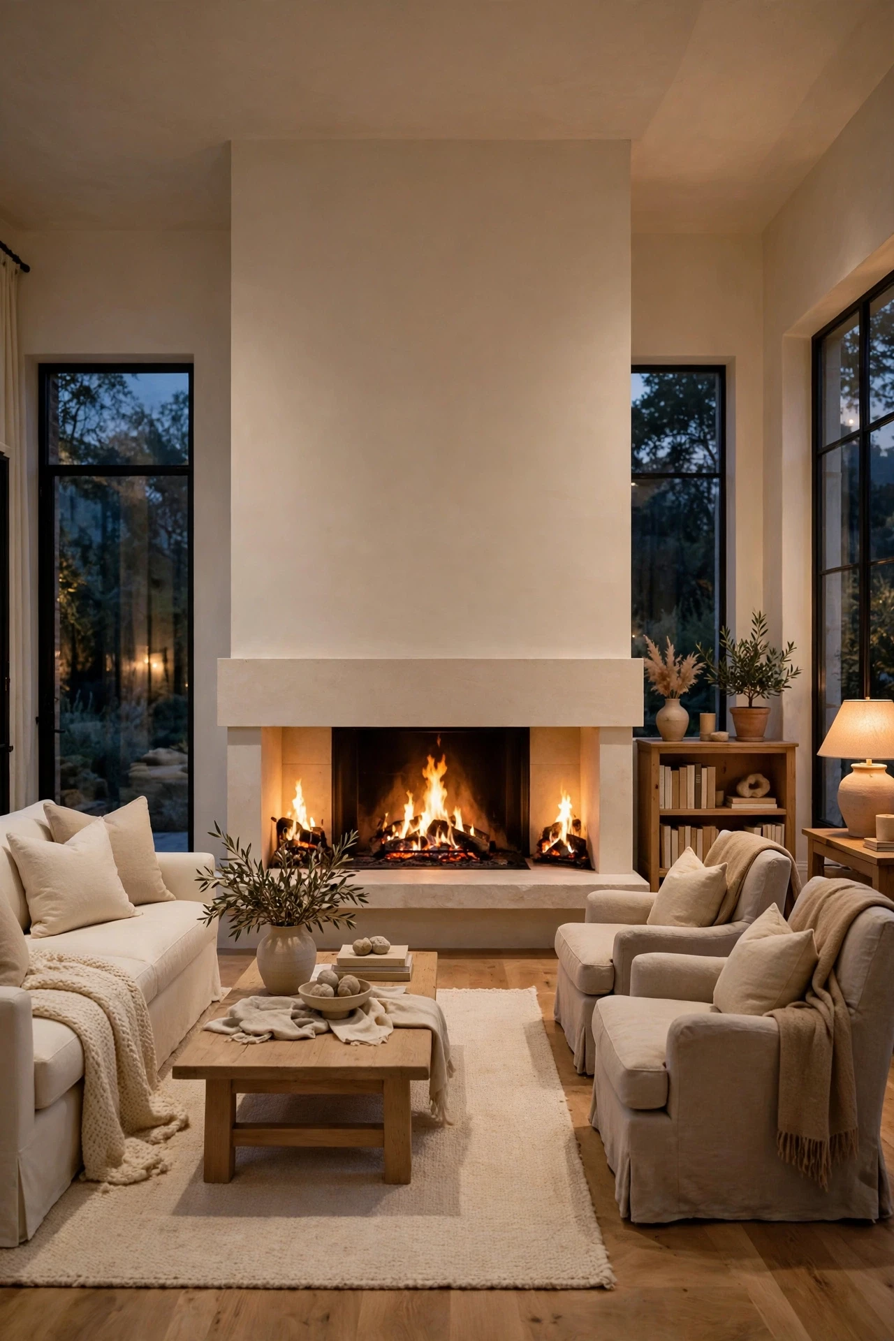 A Double Sided Fireplace That Splits Two Zones, a low central stone fireplace with seating on both sides in warm evening light