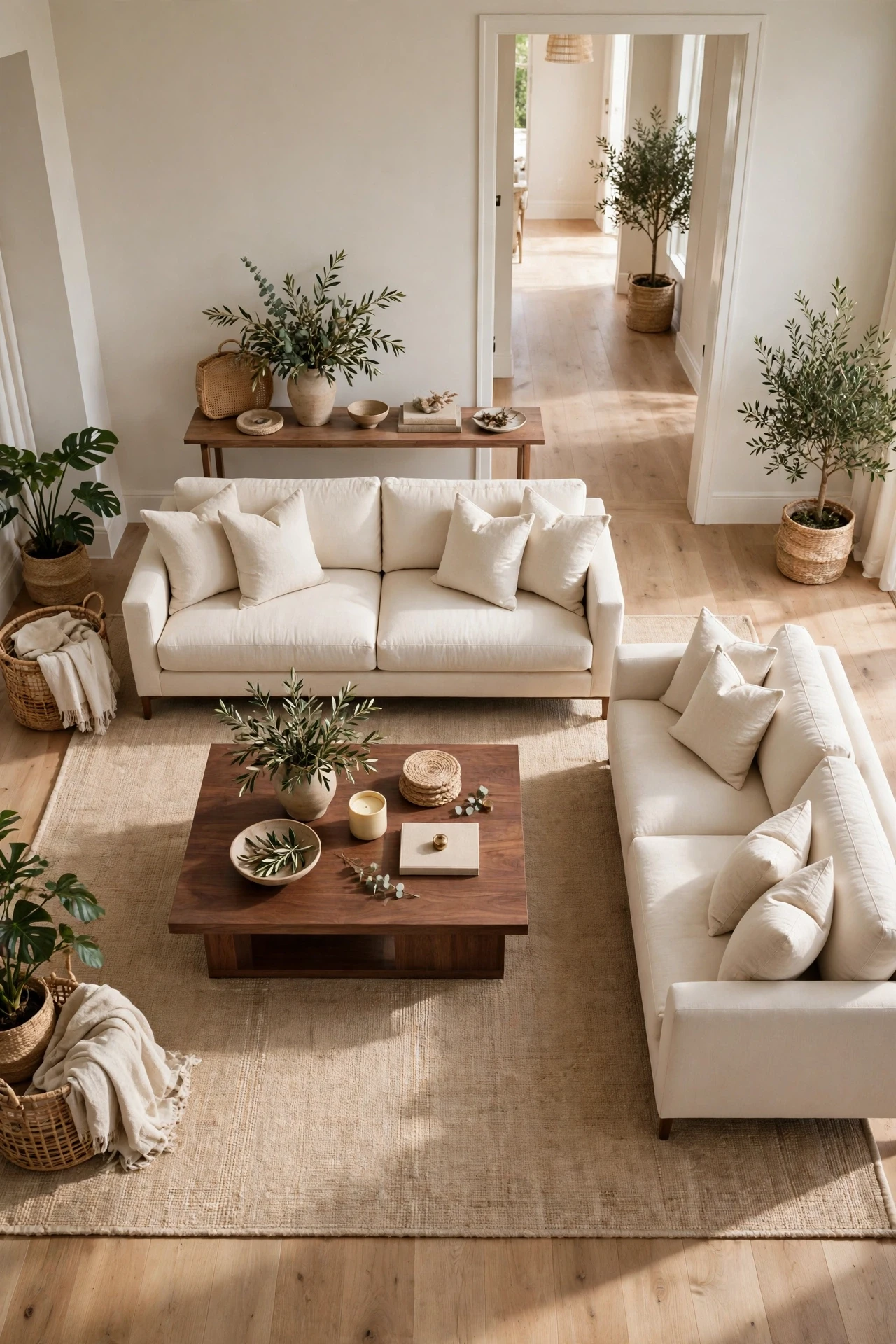 A Floating Conversation Layout Pulled Away From the Walls, two cream sofas facing each other over a large rug with a slim console behind one sofa