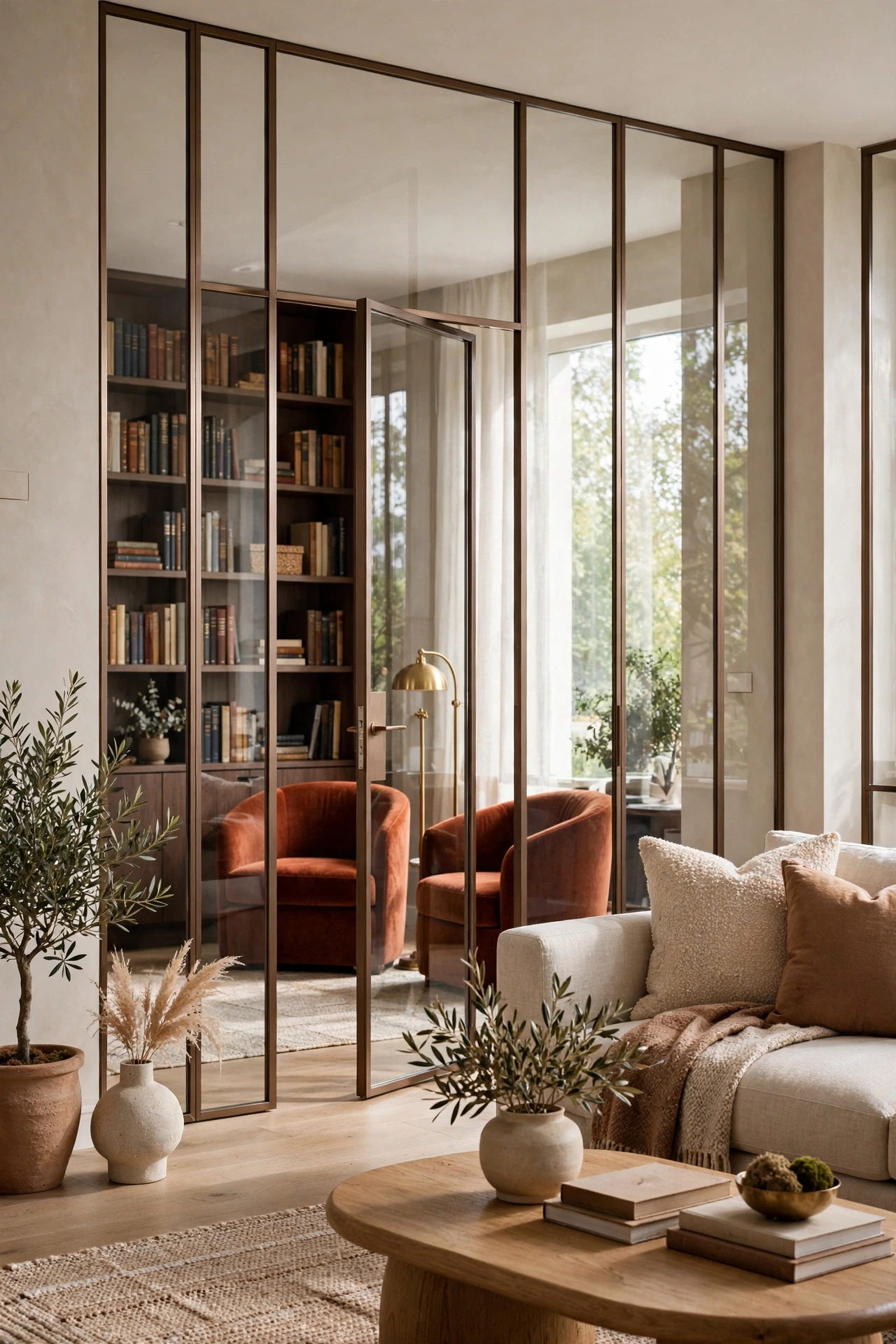 Steel Framed Glass Panels That Create a Library Snug, bronze framed glass panels with two chairs and dark wood bookcases behind them