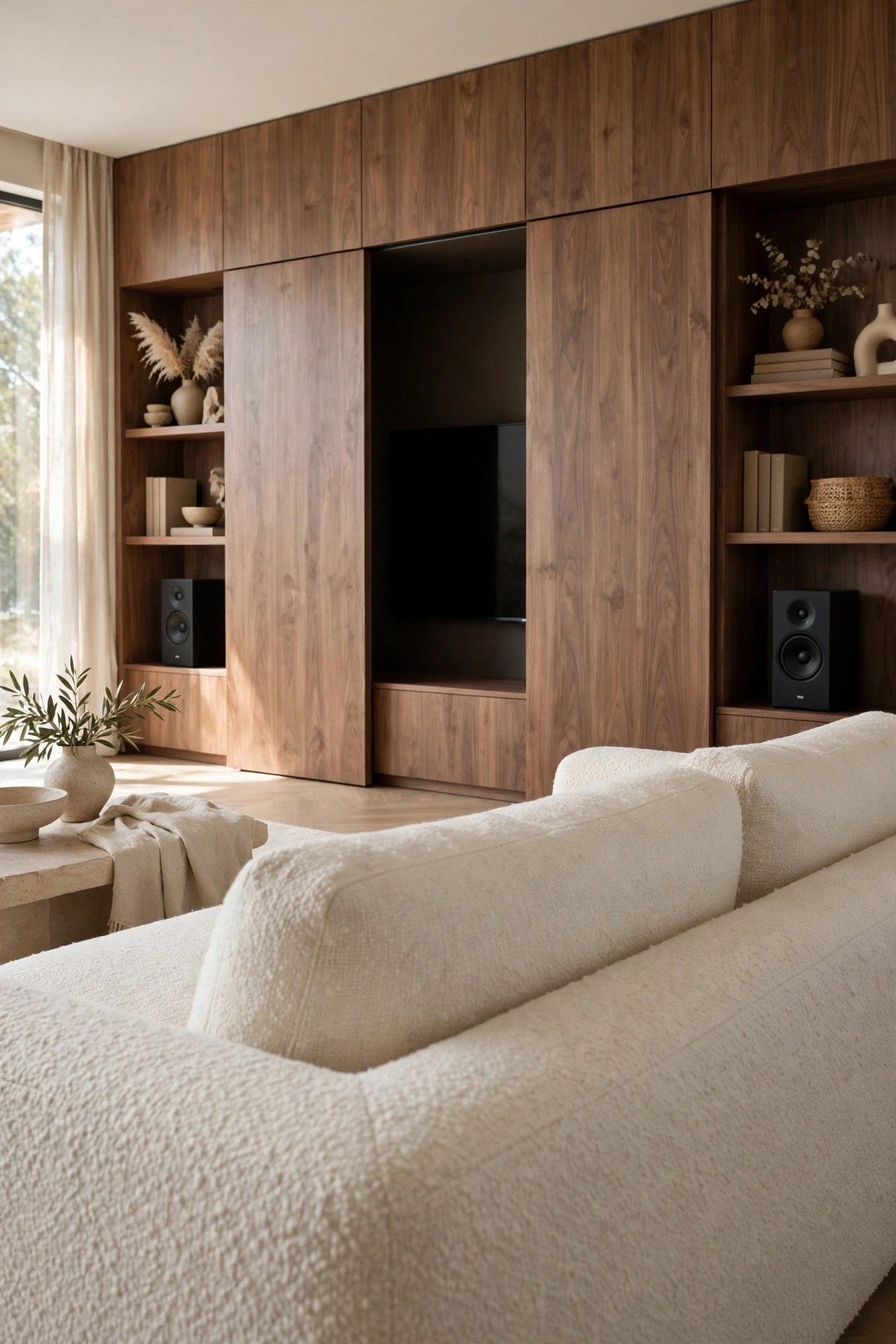 Sliding Walnut Panels That Hide the Television, walnut panels half open over a dark television screen in a full width media wall