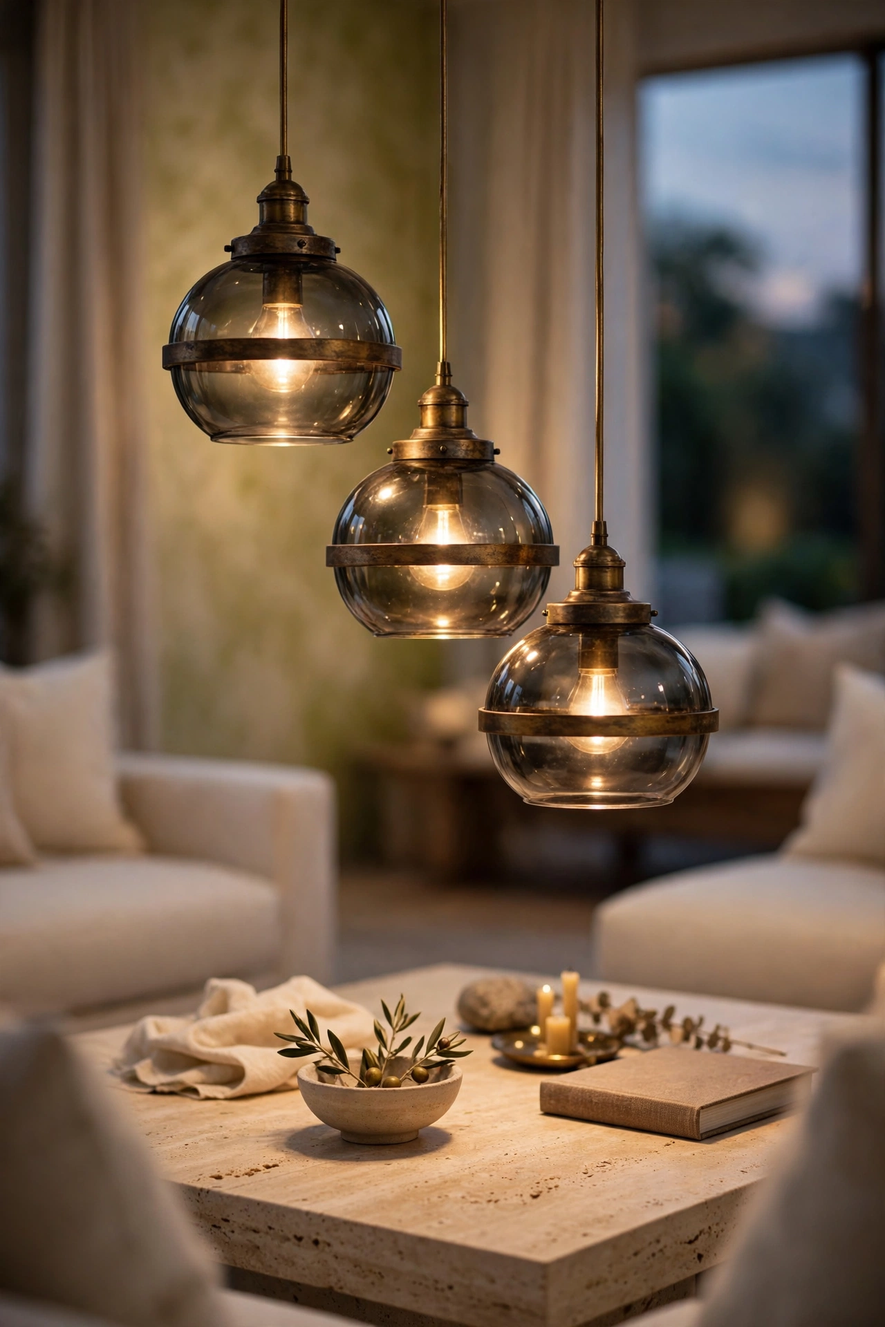 A Cluster of Pendants Hung Low Over the Coffee Table, three smoked glass and brass pendants glowing over a travertine coffee table