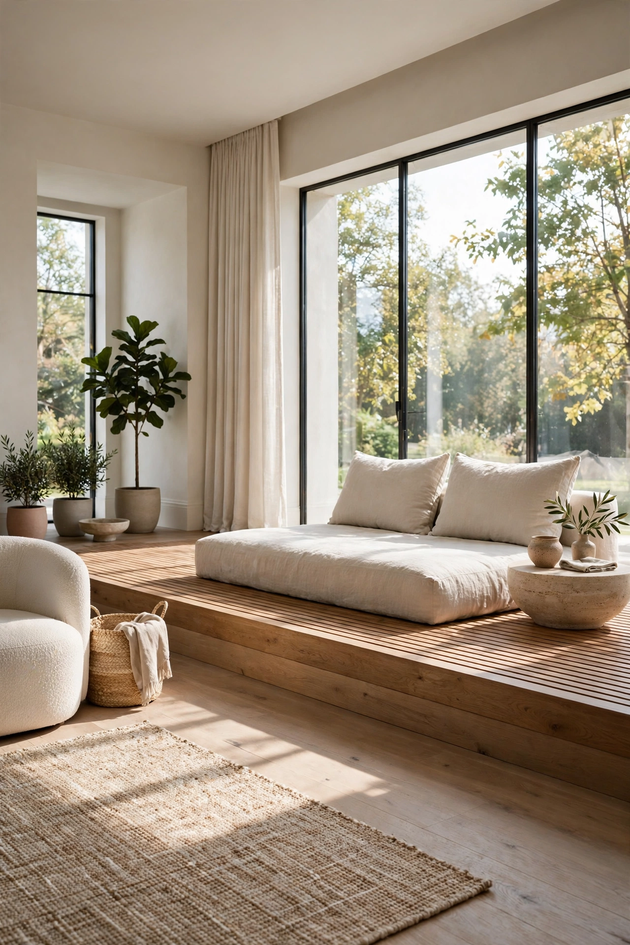 A Raised Platform Lounge at the Far End of the Room, a low timber platform with a linen daybed and back cushions by a window