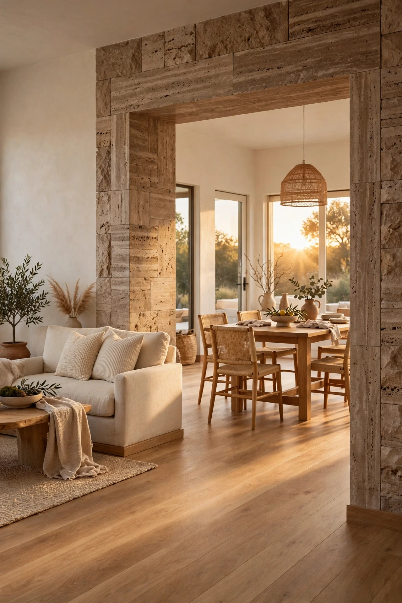 An Enlarged Opening Lined in Stone Between Two Rooms, a wide travertine lined opening between a living room and a dining room
