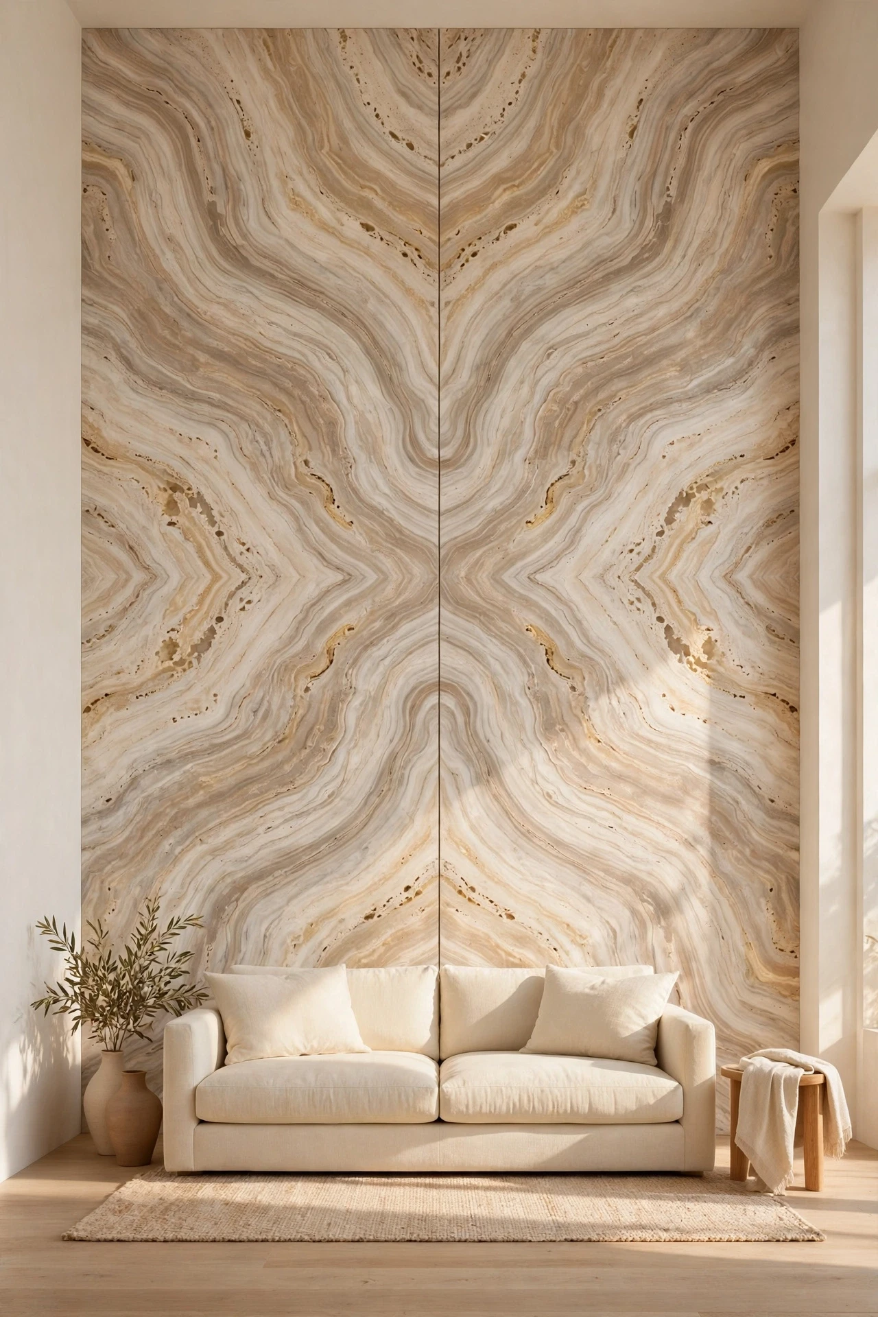 A Bookmatched Stone Slab Wall for a Luxury Living Room Focal Point, large travertine slabs with mirrored veining behind a cream sofa
