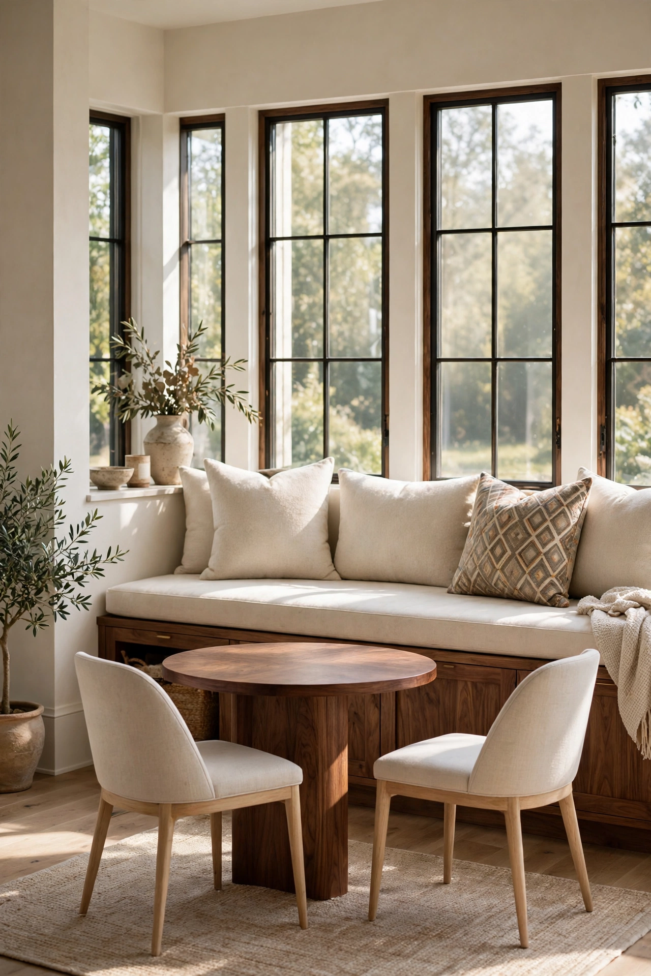 A Window Wall Banquette With Storage Under the Seat, a walnut window banquette with a round table and two light chairs in morning light