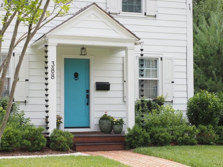 White painted house exterior with a deep blue front door framed by planting on either side of the step