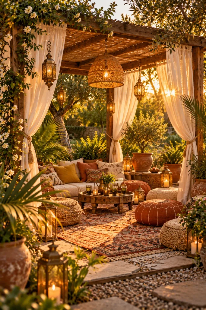 Boho cabana with floor cushions and drapes – backyard retreat idea