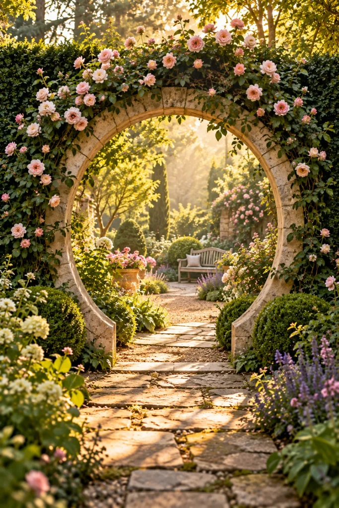Garden arch framing a path like a doorway – backyard retreat idea