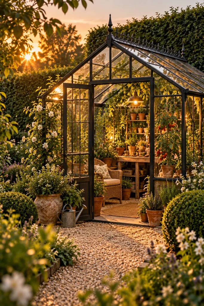 Small glasshouse tucked into lush garden greenery – backyard retreat idea