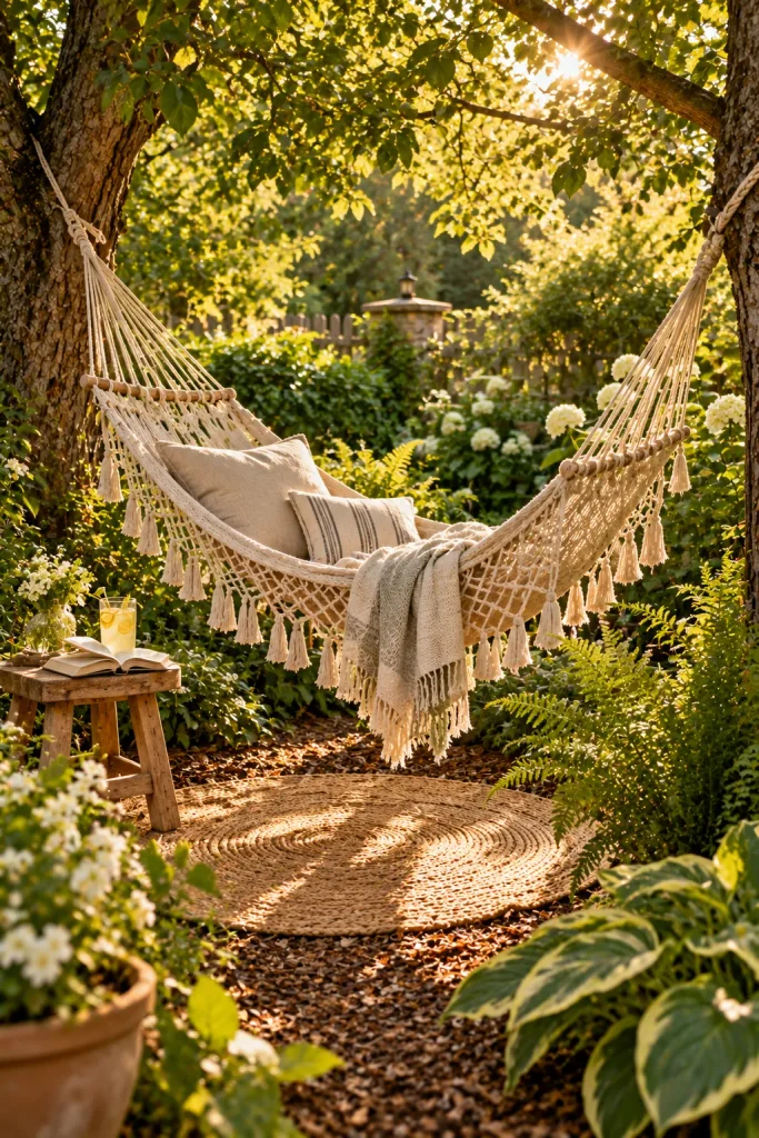 Hammocks strung between trees in a backyard grove – backyard retreat idea