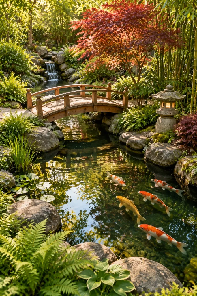 Koi pond with a small wooden footbridge – backyard retreat idea