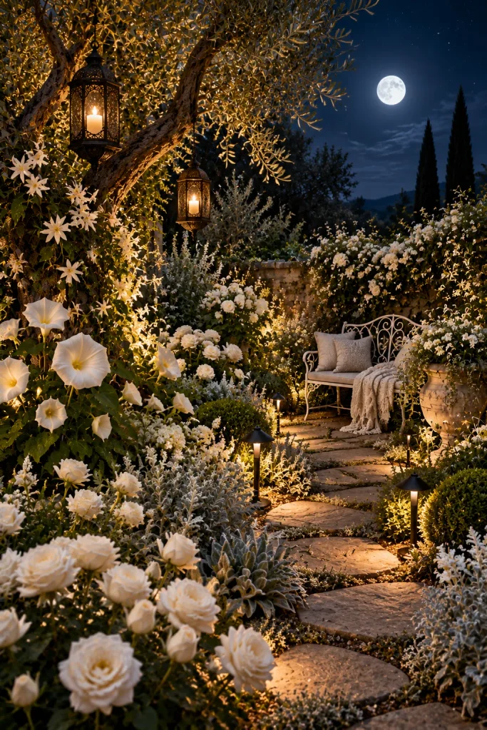 Moon garden with white flowers glowing after dark – backyard retreat idea