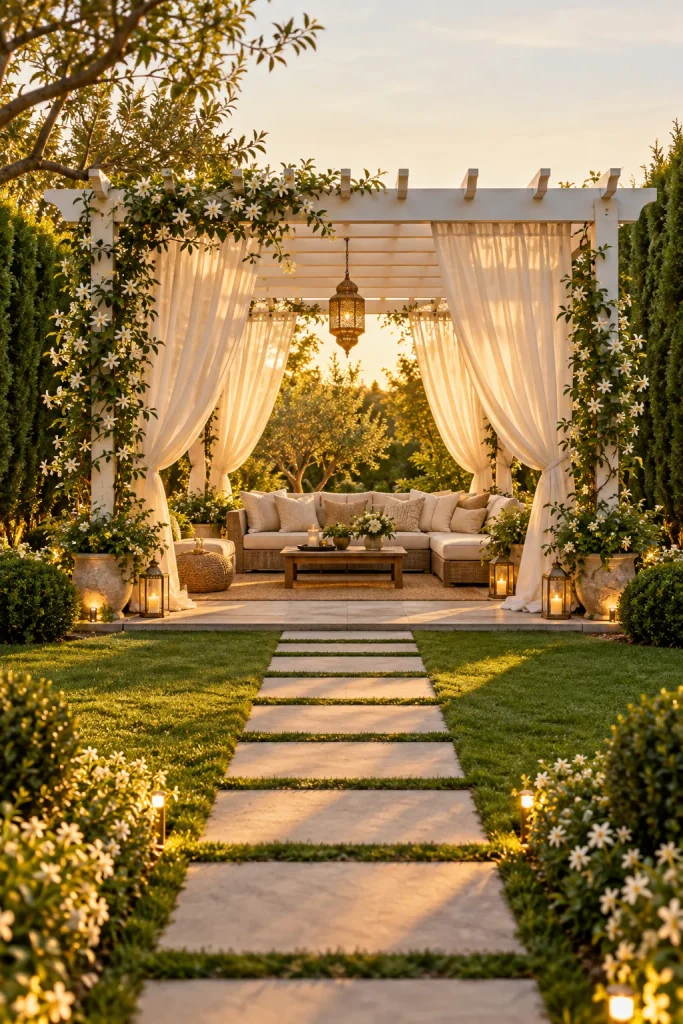Pergola lounge with cushions at the end of a garden path – backyard retreat idea