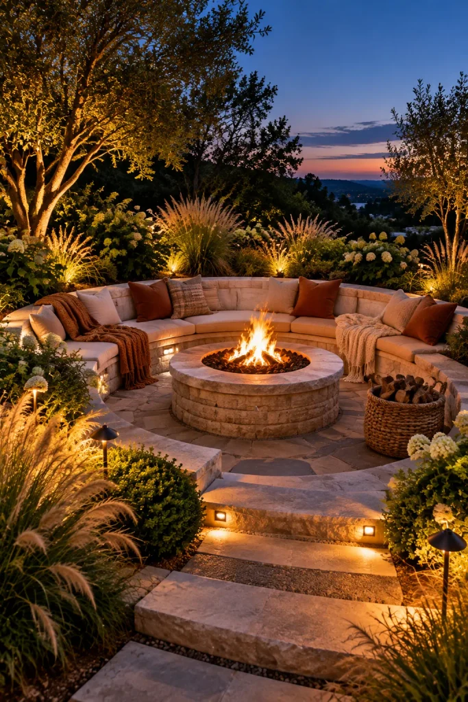 Sunken fire pit circle with built-in seating – backyard retreat idea
