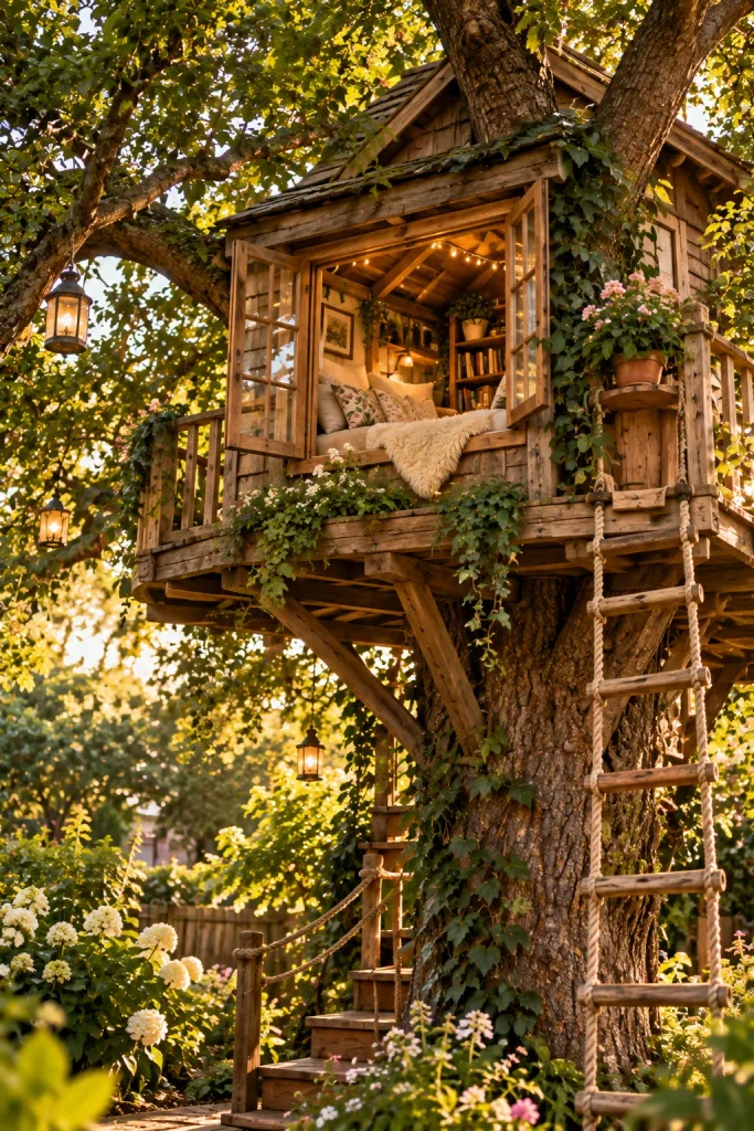 Treehouse reading nook with cozy cushions – backyard retreat idea