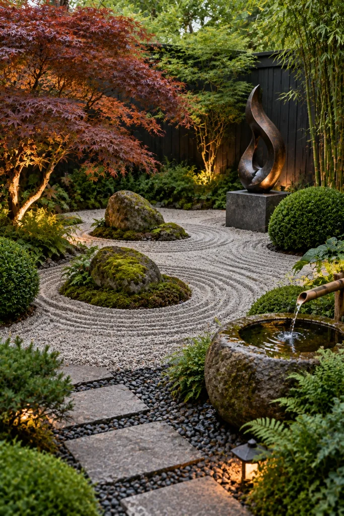 Zen gravel corner with a single sculpture – backyard retreat idea