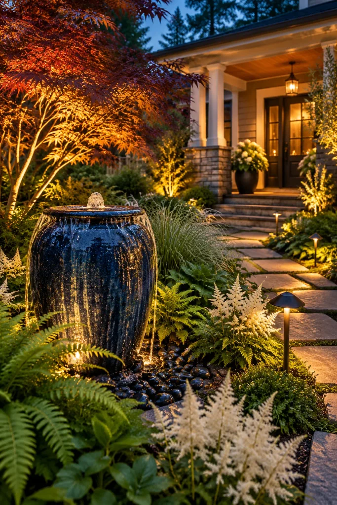 Front yard water feature with a soft evening glow – grass-free front yard idea