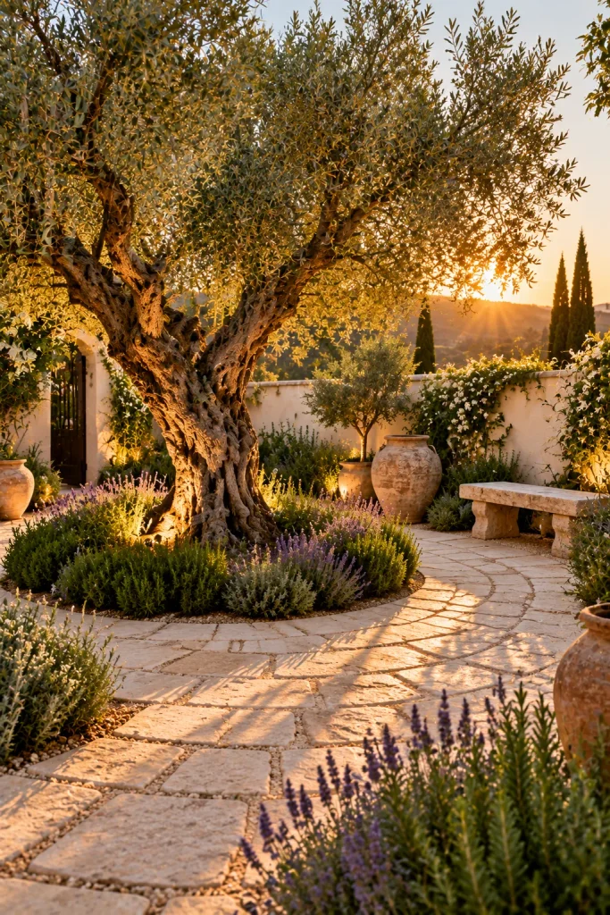 Courtyard built around an olive tree – backyard retreat idea
