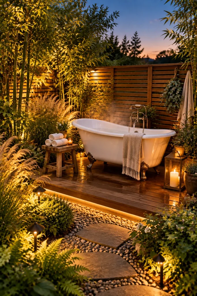 Outdoor soaking tub hidden among garden plants – backyard retreat idea