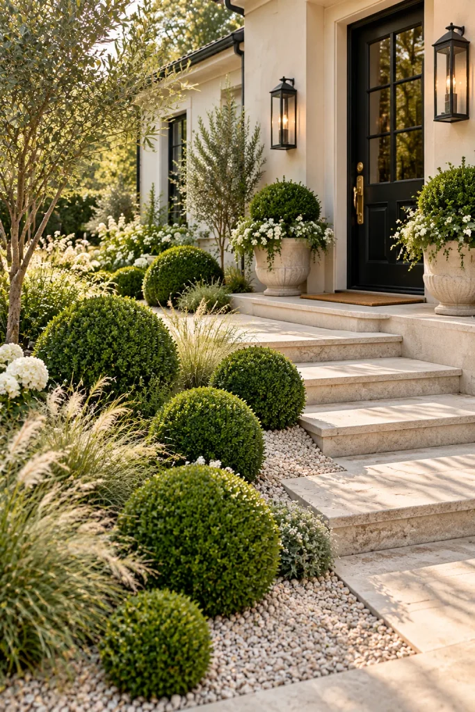 Clipped evergreen spheres anchoring a front yard garden – grass-free front yard idea