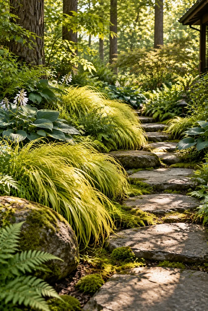 Japanese forest grass brightening a shady corner – ornamental grasses in landscaping