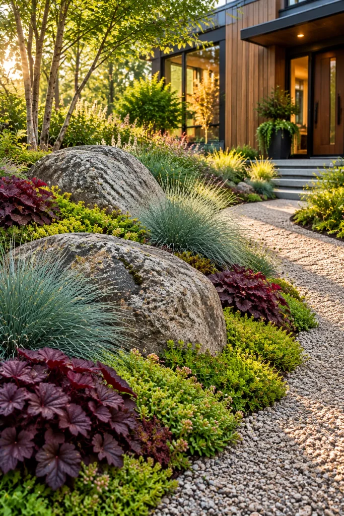 Large boulders placed among plantings in a front yard – grass-free front yard idea