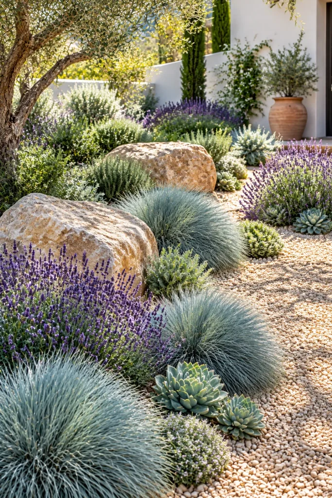 Gravel garden with blue fescue and boulders – ornamental grasses in landscaping