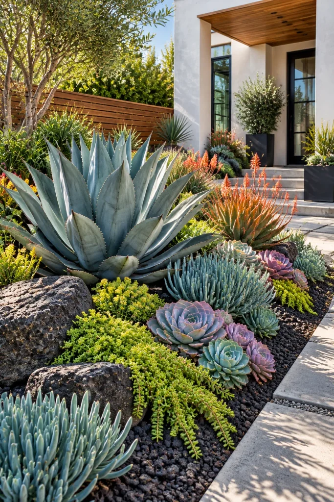 Sculptural succulent bed in a front yard – grass-free front yard idea