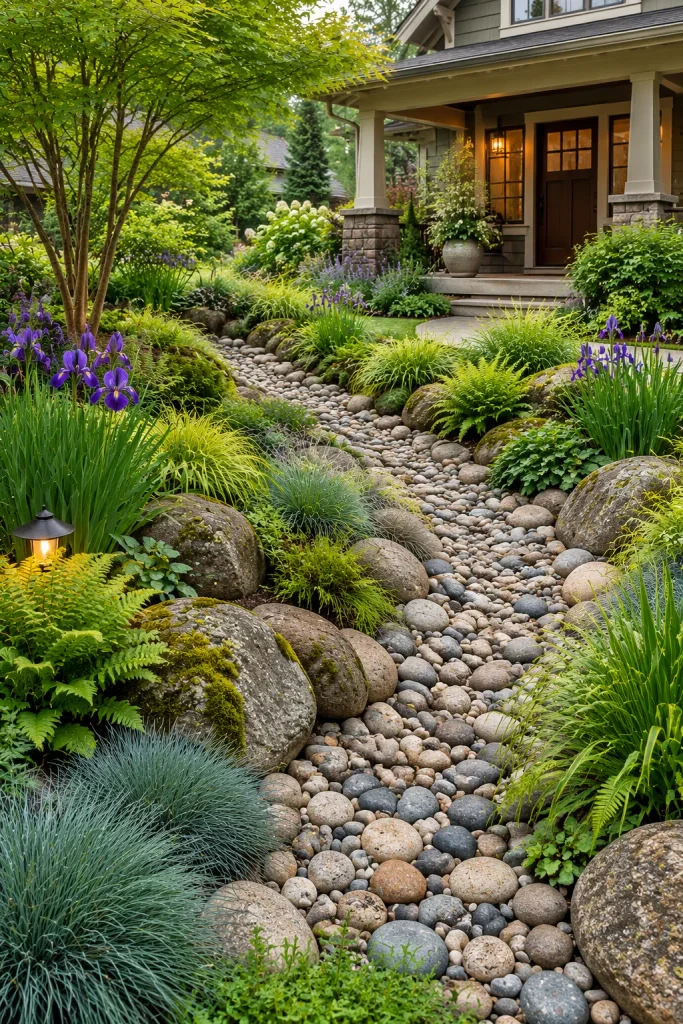 Dry creek bed of stones winding through a front yard – grass-free front yard idea