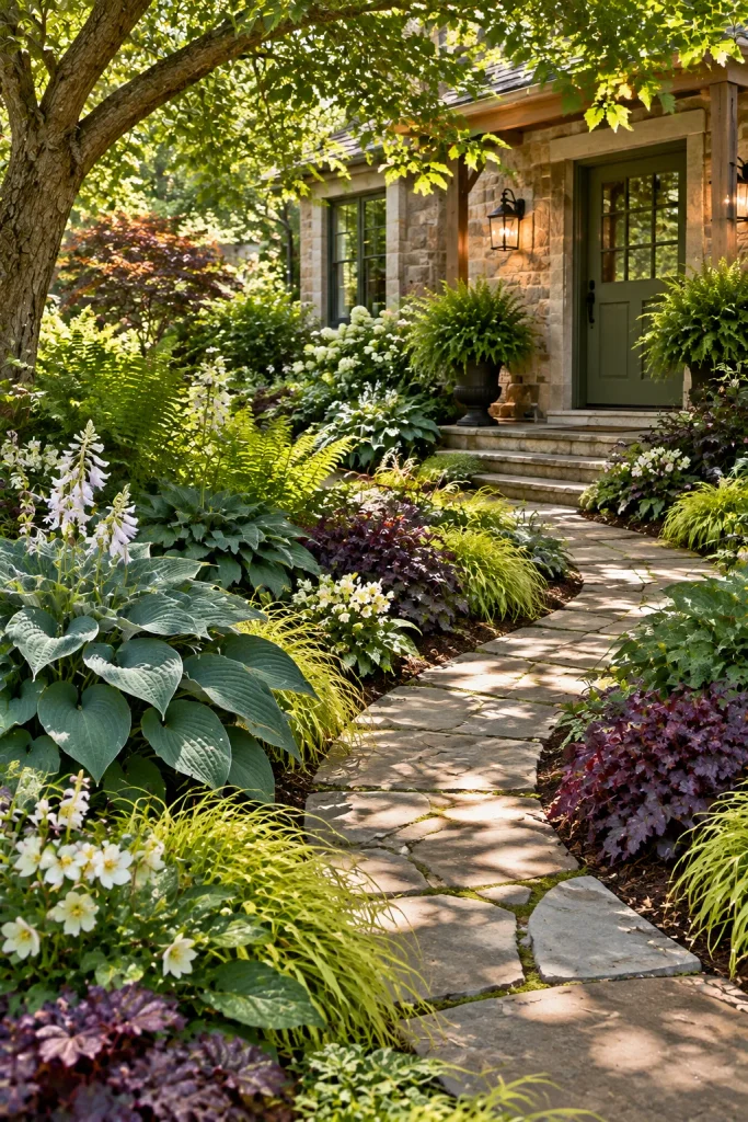 Shady front yard corner planted with ferns and hostas – grass-free front yard idea