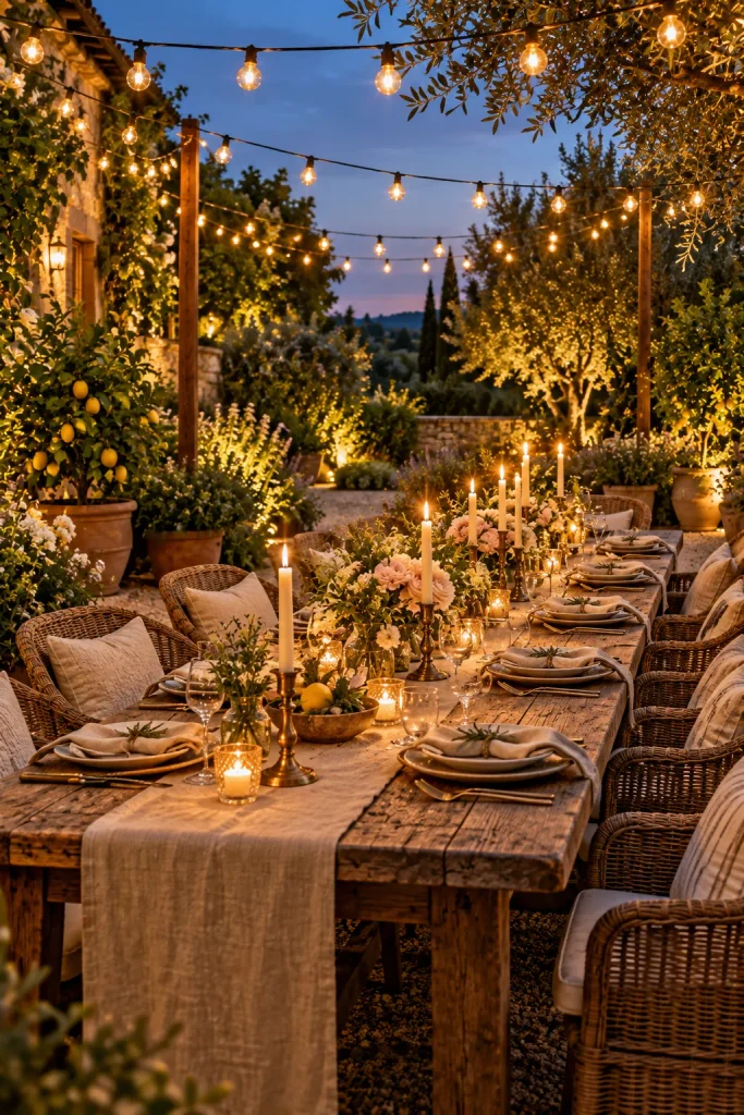 Outdoor dinner table under a canopy of string lights – backyard retreat idea