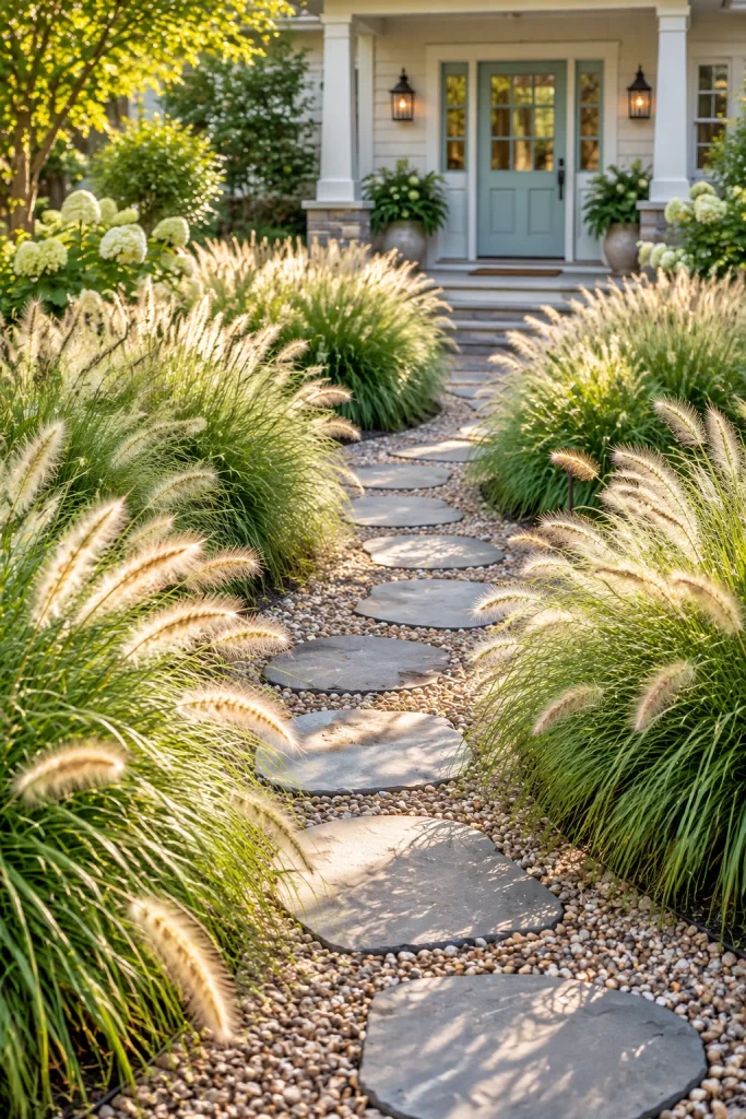 Winding garden path edged with fountain grass – ornamental grasses in landscaping
