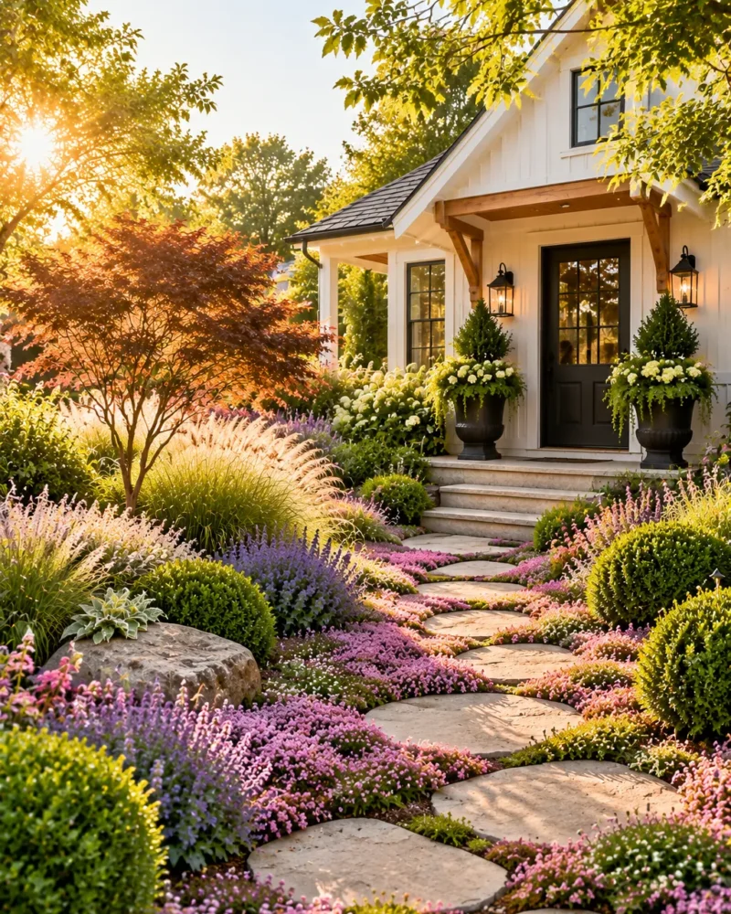 Lush, green front yard with no lawn – grass-free front yard ideas