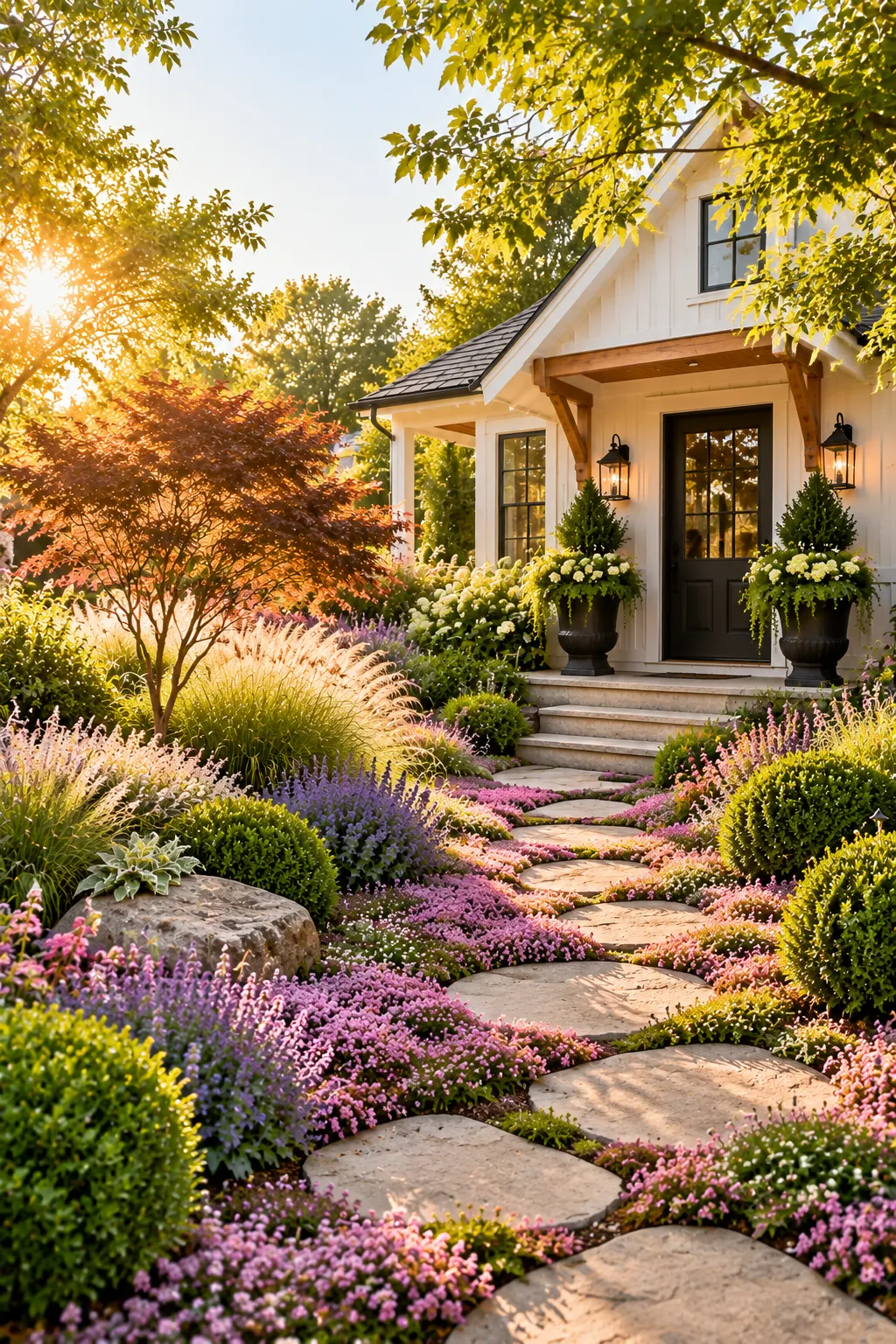 Lush, green front yard with no lawn – grass-free front yard ideas