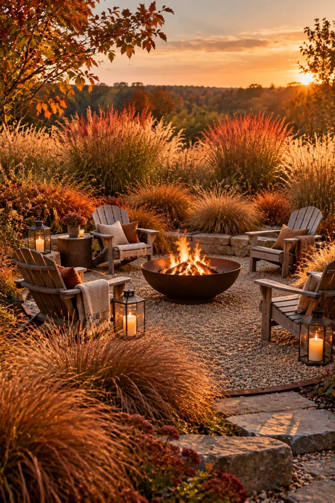 Warm-toned grasses framing a fire pit patio – ornamental grasses in landscaping