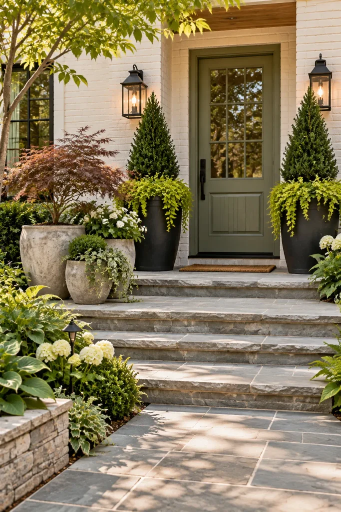 Front door framed by oversized planters – grass-free front yard idea