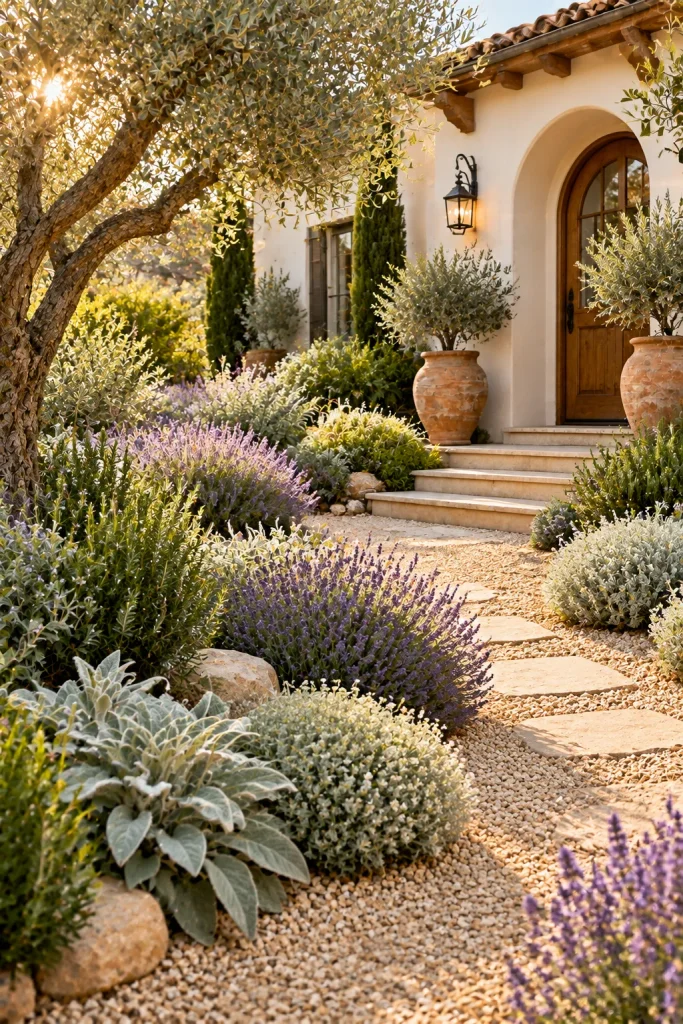 Mediterranean-style front yard with silver and sage green plants – grass-free front yard idea