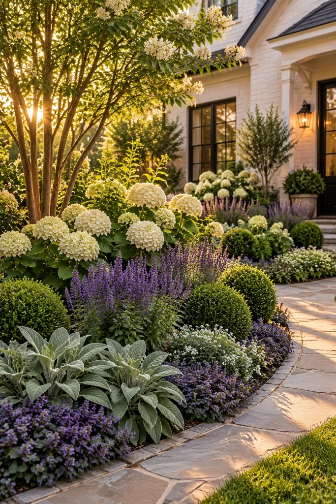Front garden bed layered with low, medium and tall plants – grass-free front yard idea