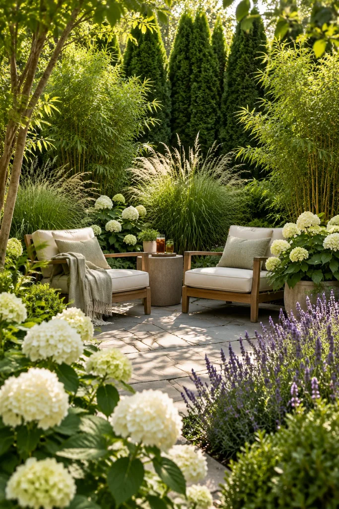 Layered green walls of plants creating backyard privacy – backyard retreat idea