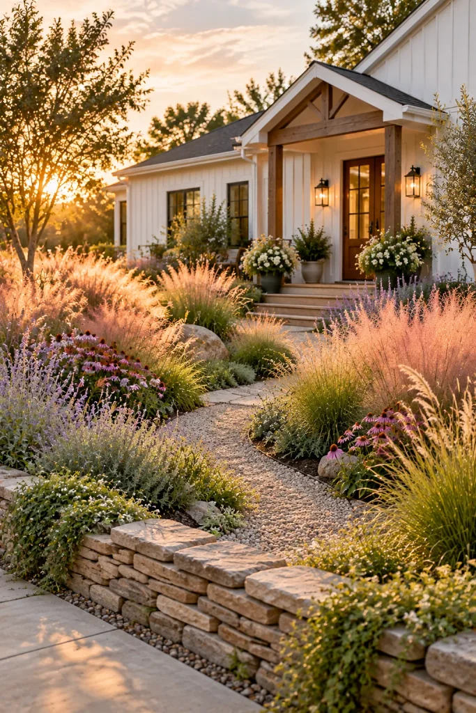 Ornamental grasses creating a mini meadow in a front yard – grass-free front yard idea