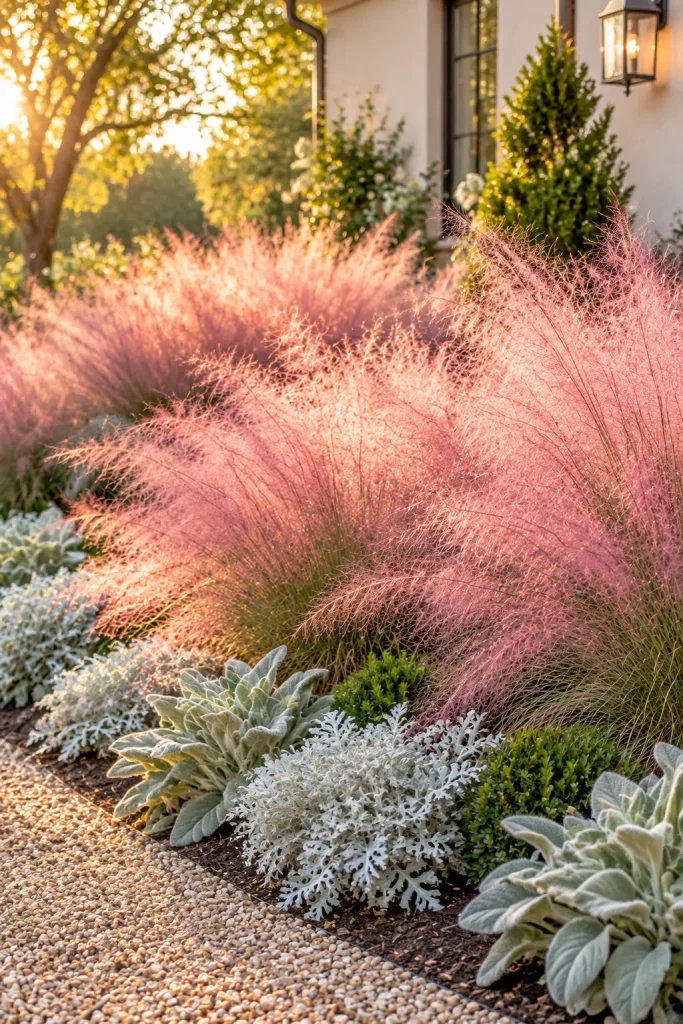 Pink muhly grass glowing in a fall garden – ornamental grasses in landscaping
