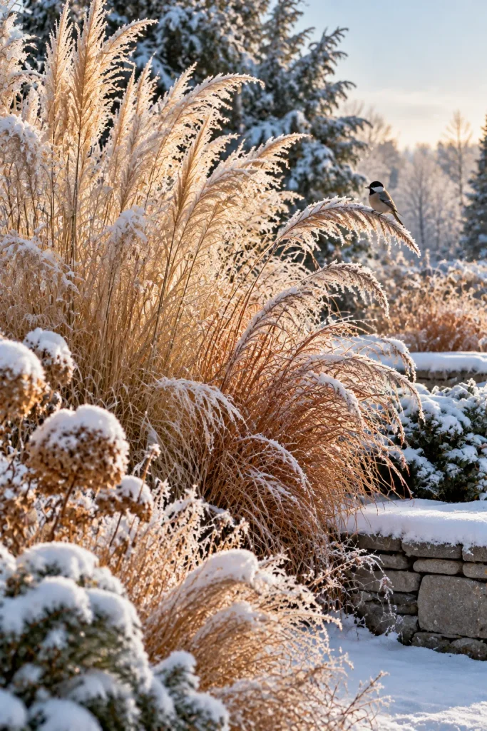 Ornamental grasses standing tall in a winter garden – ornamental grasses in landscaping