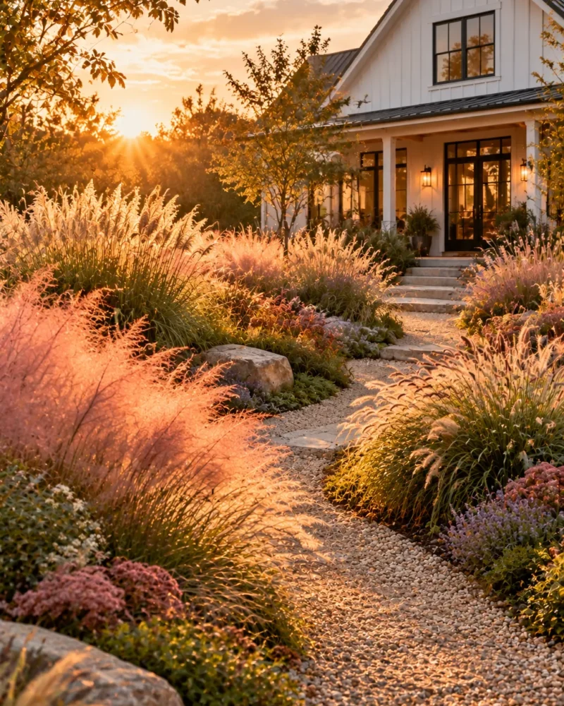 Soft, swaying ornamental grasses in a landscaped yard – ornamental grasses in landscaping