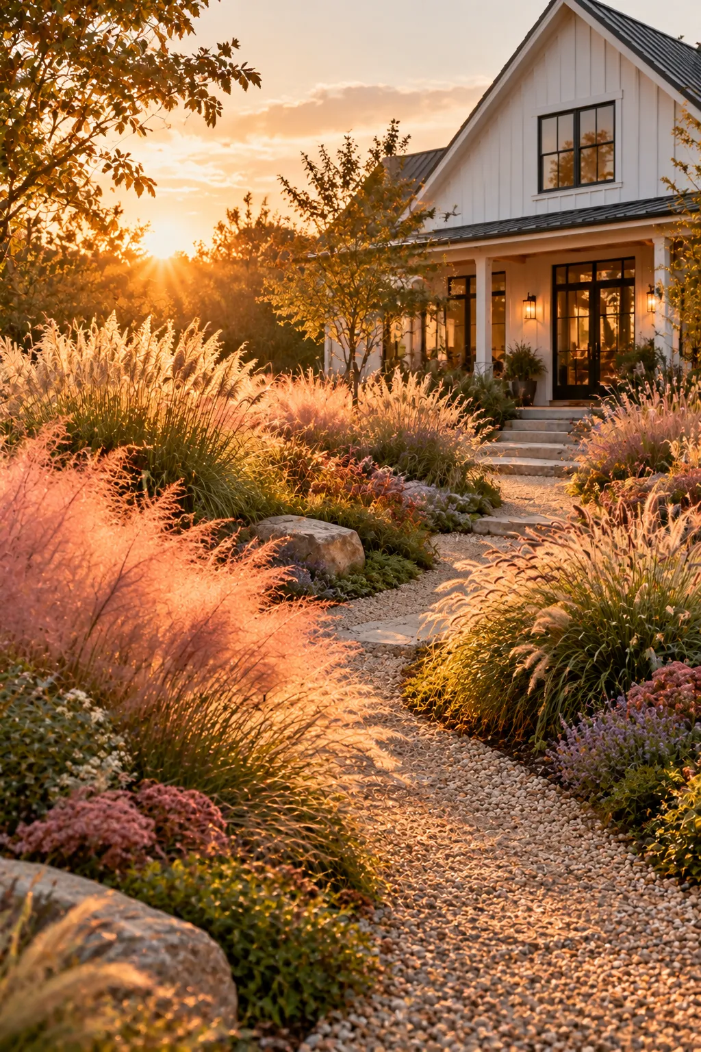 Soft, swaying ornamental grasses in a landscaped yard – ornamental grasses in landscaping