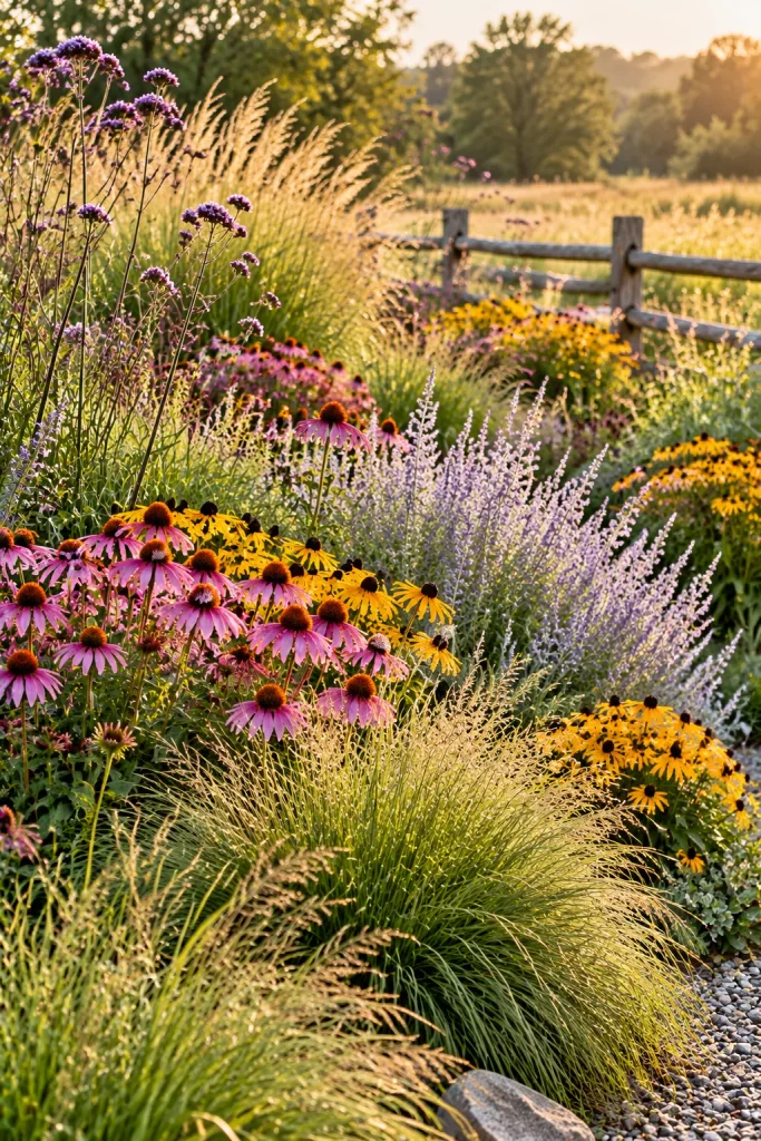 Ornamental grasses paired with prairie flowers in a layered border – ornamental grasses in landscaping