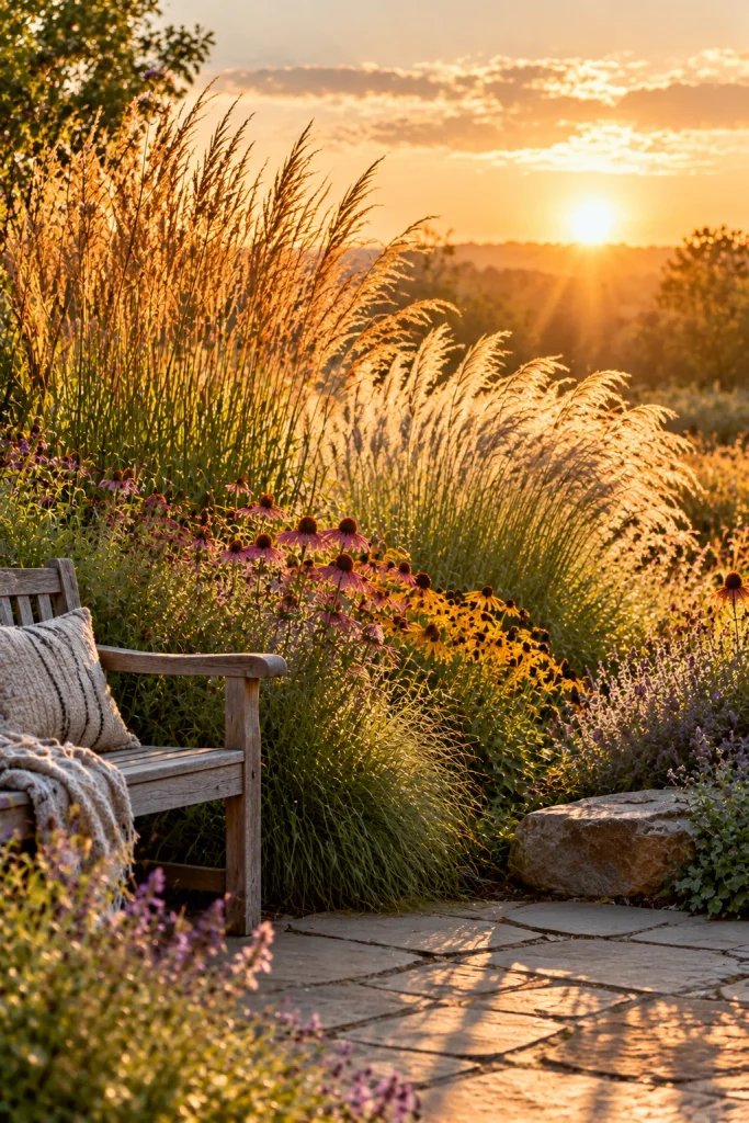 Ornamental grasses lit by golden hour sunlight – ornamental grasses in landscaping