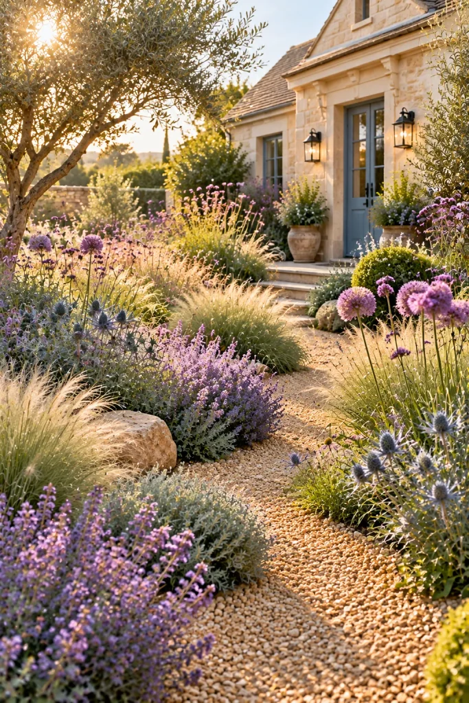 Plants growing through a gravel garden in a front yard – grass-free front yard idea